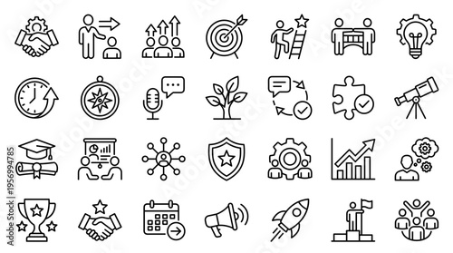 Business growth strategy icons set for success planning teamwork innovation and goal achievement in a modern corporate environment