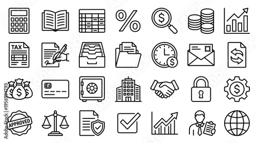 Collection of business and finance icons representing financial concepts, banking, investment, and office work with a clean line art style on a white background.
