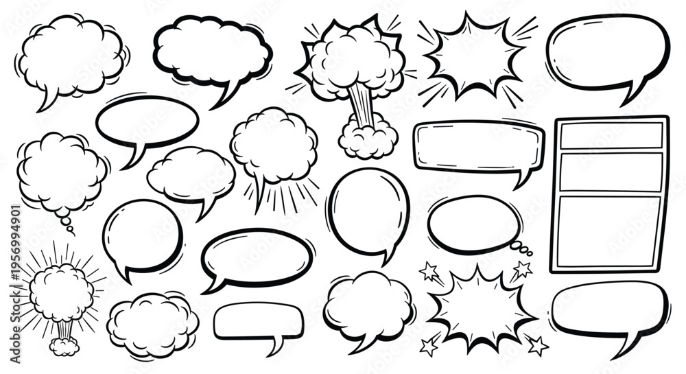 Fototapeta premium Hand-drawn comic book speech bubbles and explosion shapes, vector illustration