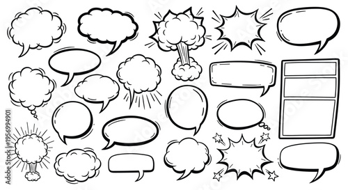 Hand-drawn comic book speech bubbles and explosion shapes, vector illustration