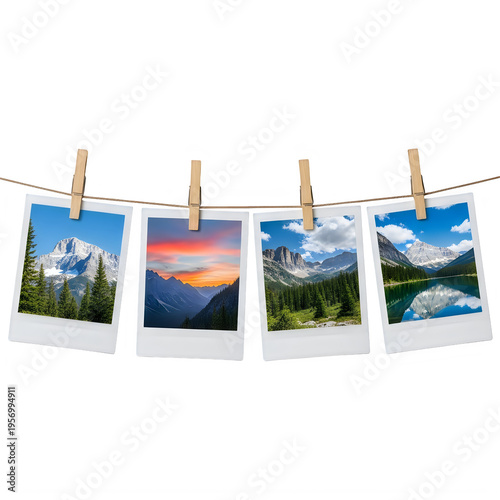 Four polaroid photos of mountain landscapes hanging on a clothesline transparent background