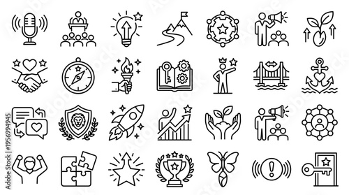 Collection of business and success icons representing growth teamwork inspiration and achievement in a modern outline style for presentations and web design