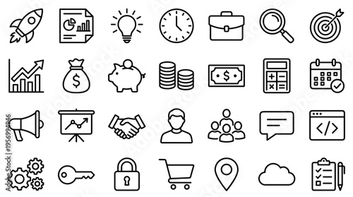 Collection of business and finance icons representing startup growth strategy planning and success in a modern flat design style