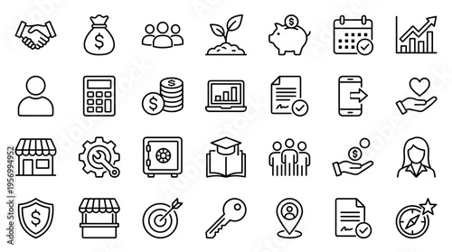 Collection of business and finance icons representing growth investment success and teamwork in a modern flat design style