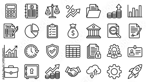Collection of business and finance icons representing growth, security, planning, and success in a modern digital world