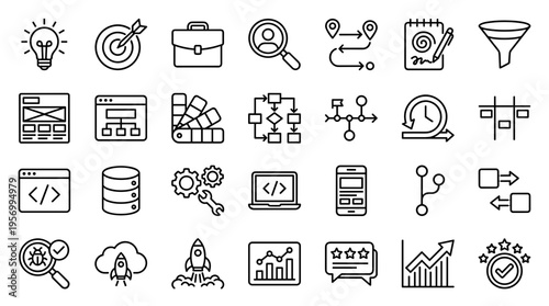 Set of business and technology icons representing concepts like strategy, planning, development, analysis, and success in a clean outline style