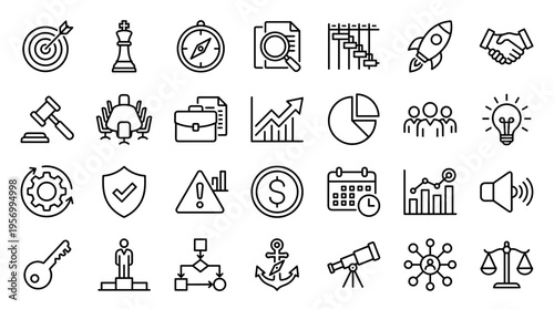 Collection of business and strategy icons representing project management growth success and planning concepts