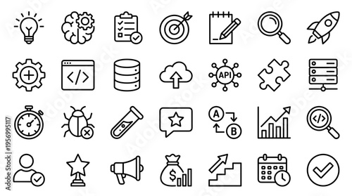 Collection of modern flat icons representing business strategy, technology, finance, and project management concepts on a white background.