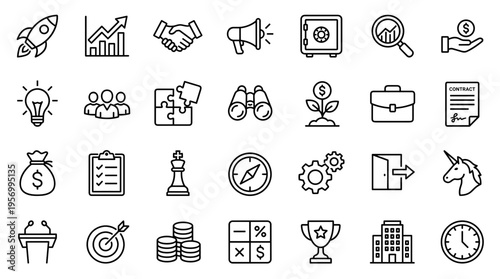 Collection of business and finance icons representing startup growth strategy success and investment opportunities in a modern professional style
