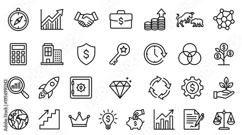 Collection of business and finance icons representing growth strategy investment success and global economy concepts