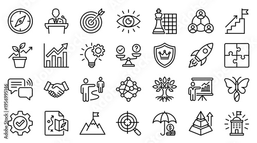 Collection of business and strategy icons representing growth success leadership teamwork innovation and planning for corporate development