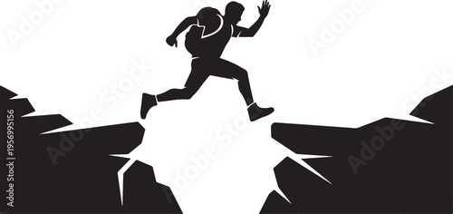Vector illustration of man jumping over cliff, black silhouette