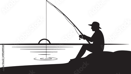 Vector silhouette of man fishing on riverbank