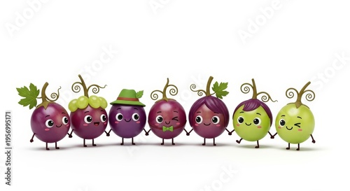 A cheerful line of seven cartoon grapes, each with unique expressions and accessories, holding hands on a white background.