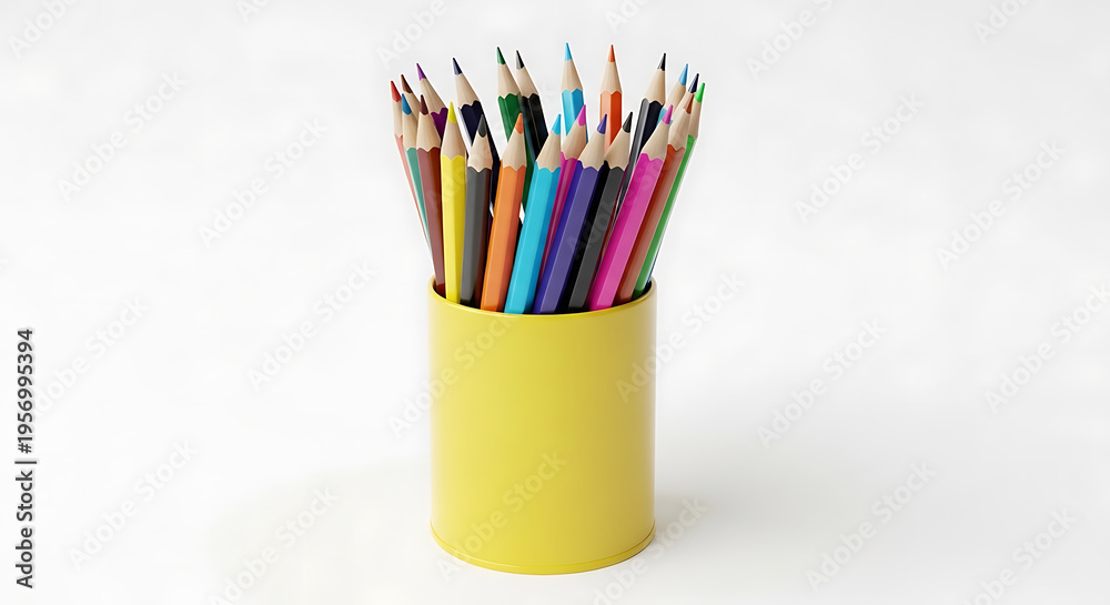 Fototapeta premium A yellow container holding a bunch of colored pencils