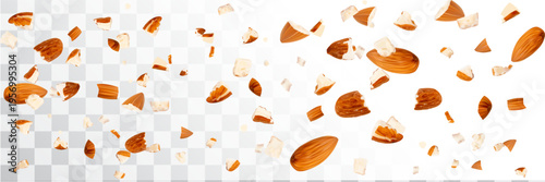 Crushed almonds falling isolated, flying nut pieces, levitate scattered almond seeds