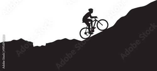 Vector silhouette of cyclist riding mountain bike on hill