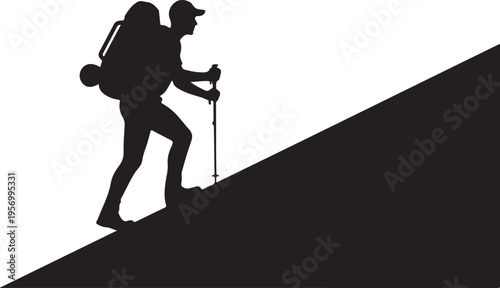 Vector silhouette of a hiker climbing a hill