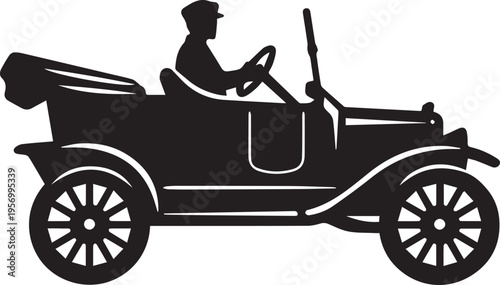 Black silhouette of a man in a hat driving a vintage open-top antique car from the early 1900s. Vector, illustration
