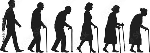 Elderly people silhouettes walking with canes, aging men and women illustration showing senior mobility stages, black isolated vector for healthcare and aging concept