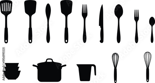 Kitchen utensil silhouettes collection with cooking tools, cutlery, pots and bowls, black kitchenware illustration set, minimal isolated vector for culinary and food design
