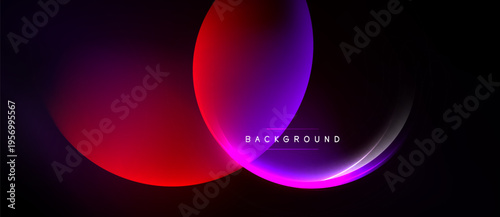 Abstract design features vibrant overlapping circles. Gradient colors shift from purple to red, creating dynamic visual effect. Dark background enhances luminosity.