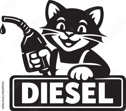 A vintage style black and white cartoon illustration of a happy cat holding a diesel fuel nozzle. Vector, illustration