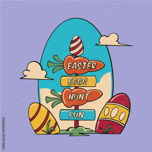 Easter Egg Hunt Cute Spring Bunny & Eggs Illustration