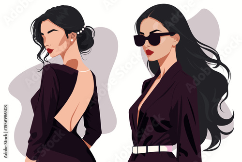Two elegant women in plum noir outfits, faceless fashion illustration.