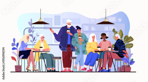 Active seniors group socializing coffee shop diverse elderly people chatting drinking modern cafe plants cozy interior