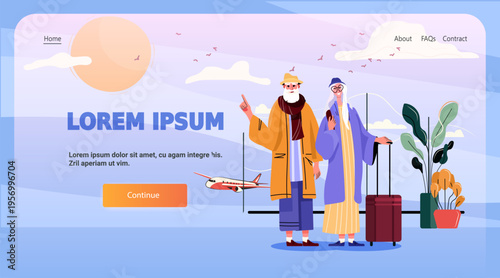 Active seniors travel airport adventure elderly couple standing with luggage airplane in background modern interior plants sunrise website landing page