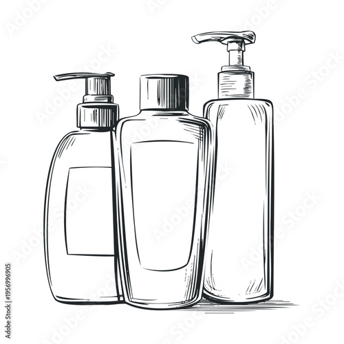 Cosmetic pump dispenser bottles sketch illustration showcasing a collection of beauty and personal care products, perfect for hygiene and grooming concepts.