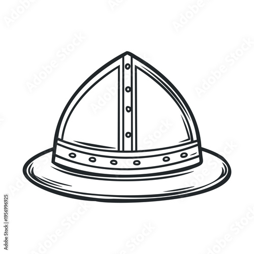 Simple medieval helmet illustration, featuring a traditional conical design with a brim and rivets, rendered in a clean black and white line art style.