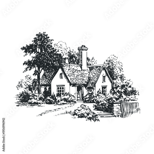 Charming traditional house illustration featuring a cozy cottage surrounded by lush trees, shrubs, and a rustic picket fence, evoking a peaceful countryside scene.