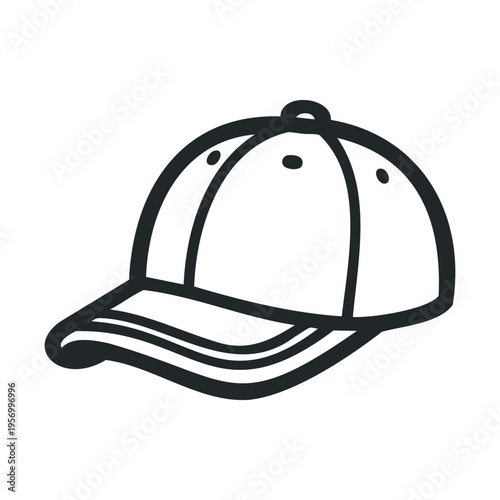 Simple black and white baseball cap illustration, featuring a classic design with a curved brim and top button, perfect for casual wear.