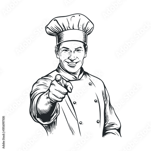 Smiling male chef wearing a hat and uniform is pointing directly at the viewer with a friendly and inviting gesture, representing culinary expertise and service.