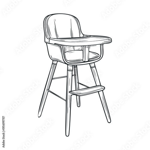 Baby high chair illustration for children's feeding time, depicting essential nursery furniture for toddlers and infants in a simple, clean line art style.