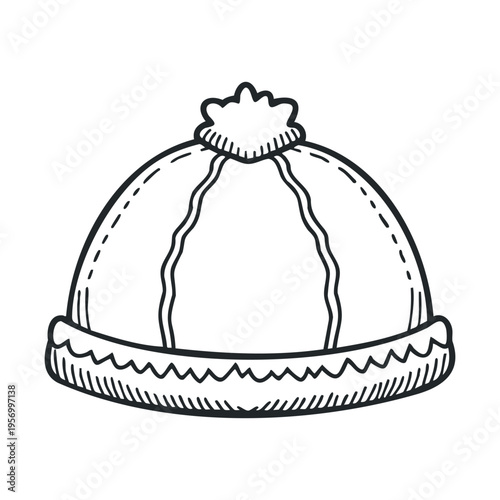 Winter hat beanie illustration featuring a cozy hand drawn doodle sketch of a warm clothing accessory with a pompom and ribbed brim for cold weather.