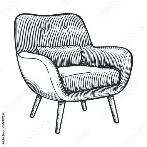 Modern comfortable armchair illustration featuring a stylish mid-century design with textured upholstery and tapered legs, rendered in a classic woodcut engraving style.