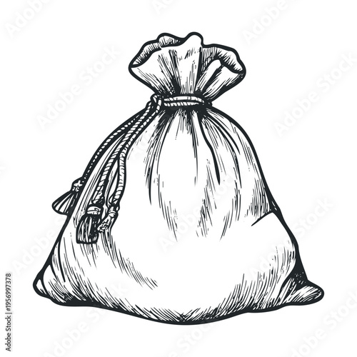 Tied sack with a rope and tassels, depicted in a detailed hand-drawn sketch style, symbolizing wealth, treasure, or a secret bounty.