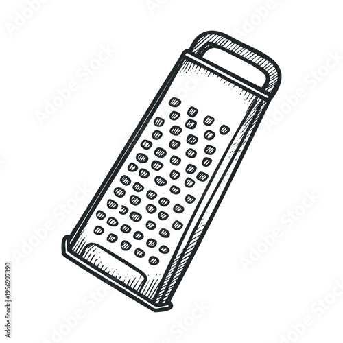 Kitchen grater is a versatile tool used for shredding and grating various food items, depicted in a classic hand-drawn sketch style.