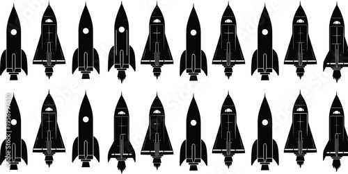 Large collection of black vector rocket silhouettes, spaceship launch icons, startup mission symbols, space exploration graphics, and celestial travel design elements.