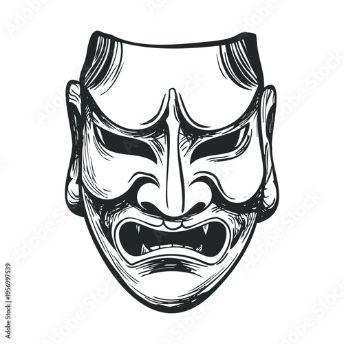 Japanese Hannya mask illustration with a fierce expression, featuring sharp teeth and an angry, traditional theatrical design, rendered in a detailed sketch style.