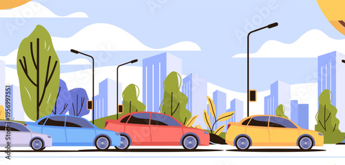 City traffic urban street cars modern buildings trees colorful landscape road scene skyline streetlights