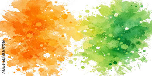 An abstract colorful watercolor background featuring a summer nature design with vibrant paint splashes, grunge ink textures, and green orange brush strokes for a decorative vector illustration