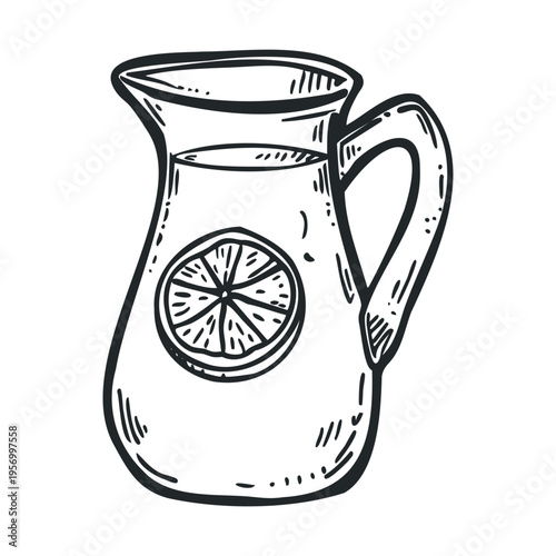 Lemonade pitcher with a refreshing lemon slice illustration, perfect for summer drinks and healthy beverages in a hand-drawn style.