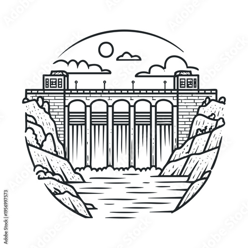 Hydroelectric dam structure with flowing water between rocky mountains under a sunny sky, depicted in a classic monochrome line art illustration.