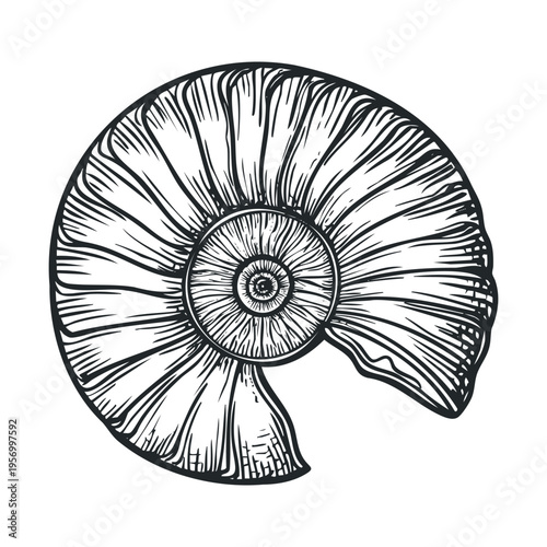 Nautilus shell fossil illustration with intricate spiral pattern and radial lines, showcasing ancient marine life in a detailed black and white engraving style.