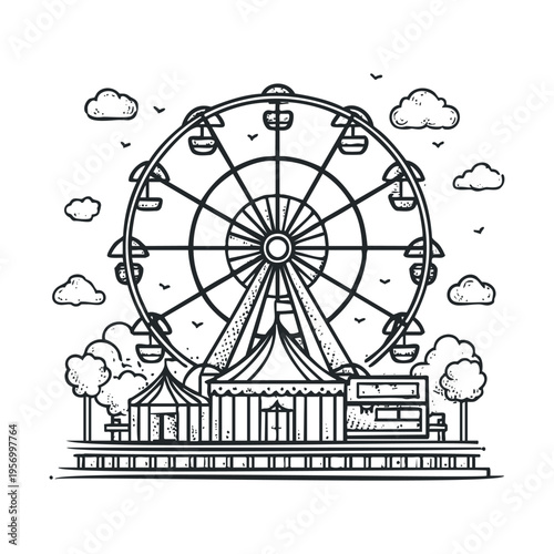 Ferris wheel and carnival tents create a lively amusement park illustration with a hand-drawn, sketch-like aesthetic, featuring clouds and birds in the sky.