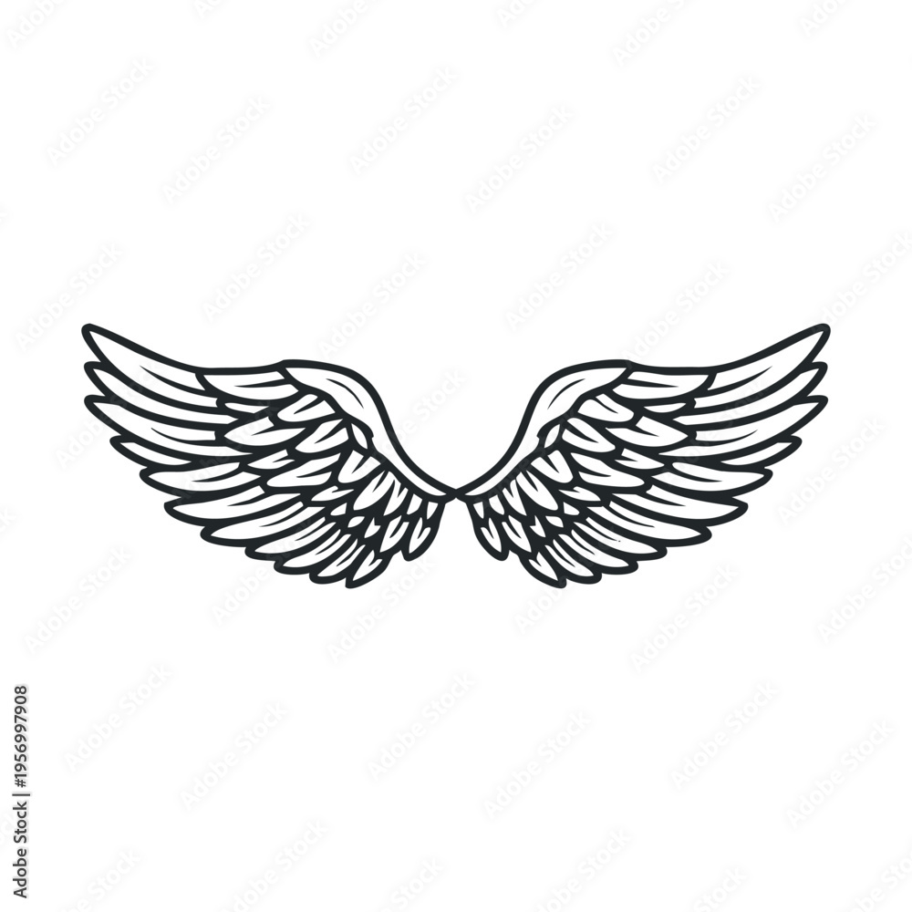 Obraz premium Stylized black outline wings featuring intricate feather details in a classic artistic design, evoking feelings of freedom, spirituality, and mythical elegance.